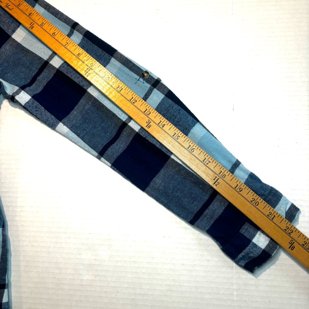 Passport Plaid Flannel Shirt Roll Tab Sleeve Blue Junior Size L or Womens Size S - Picture 6 of 9